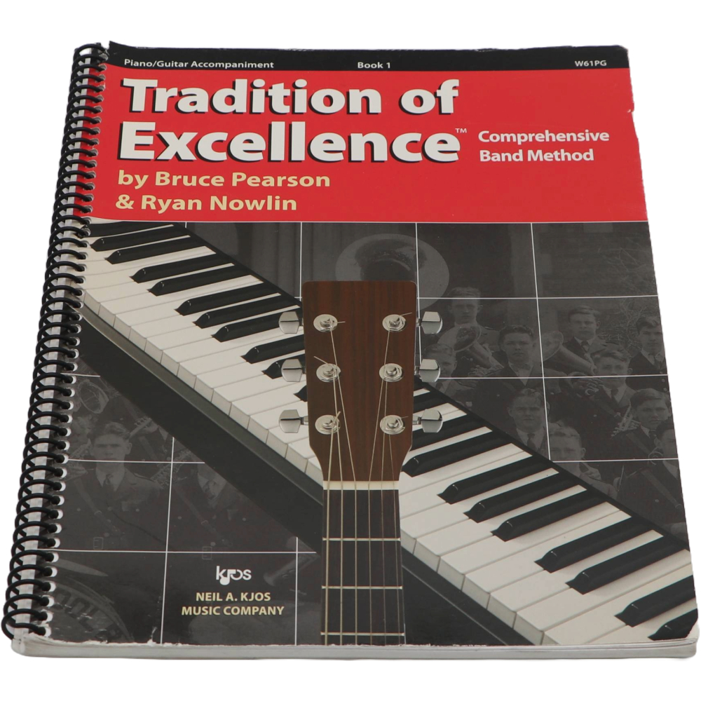 Black and red method book with a Piano and Guitar on the cover titled Tradition of Excellence