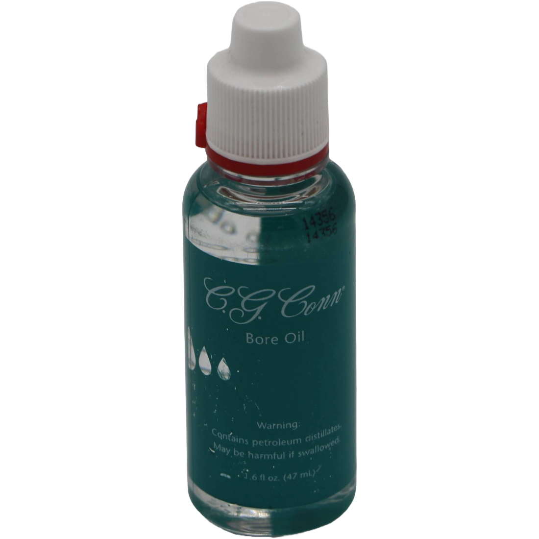 Dark blue and clear bottle of Conn Bore Oil