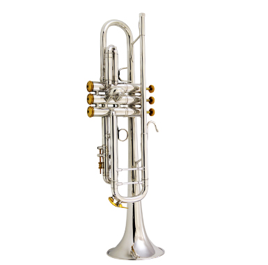 Silver finished Bach Windy City Stradivarius Trumpet with custom skyline engraving and gold trim kit