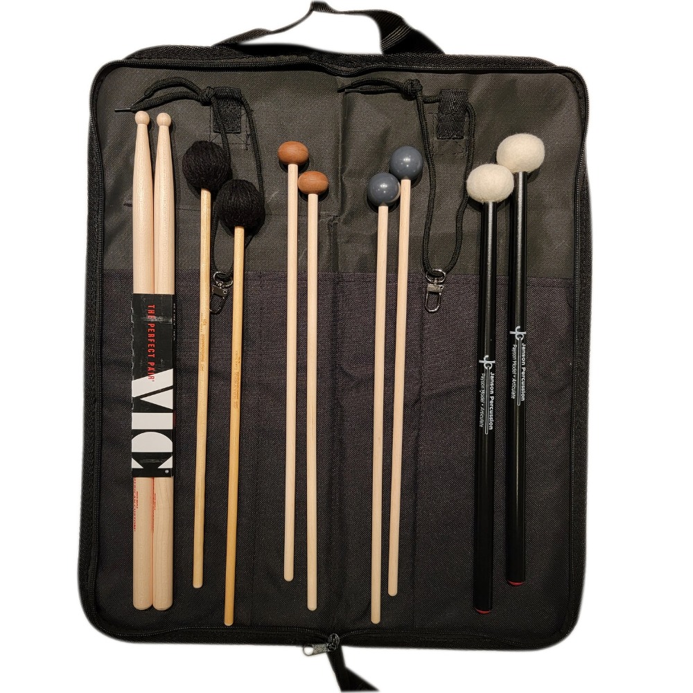 black beginner stick bag with drumsticks and mallets