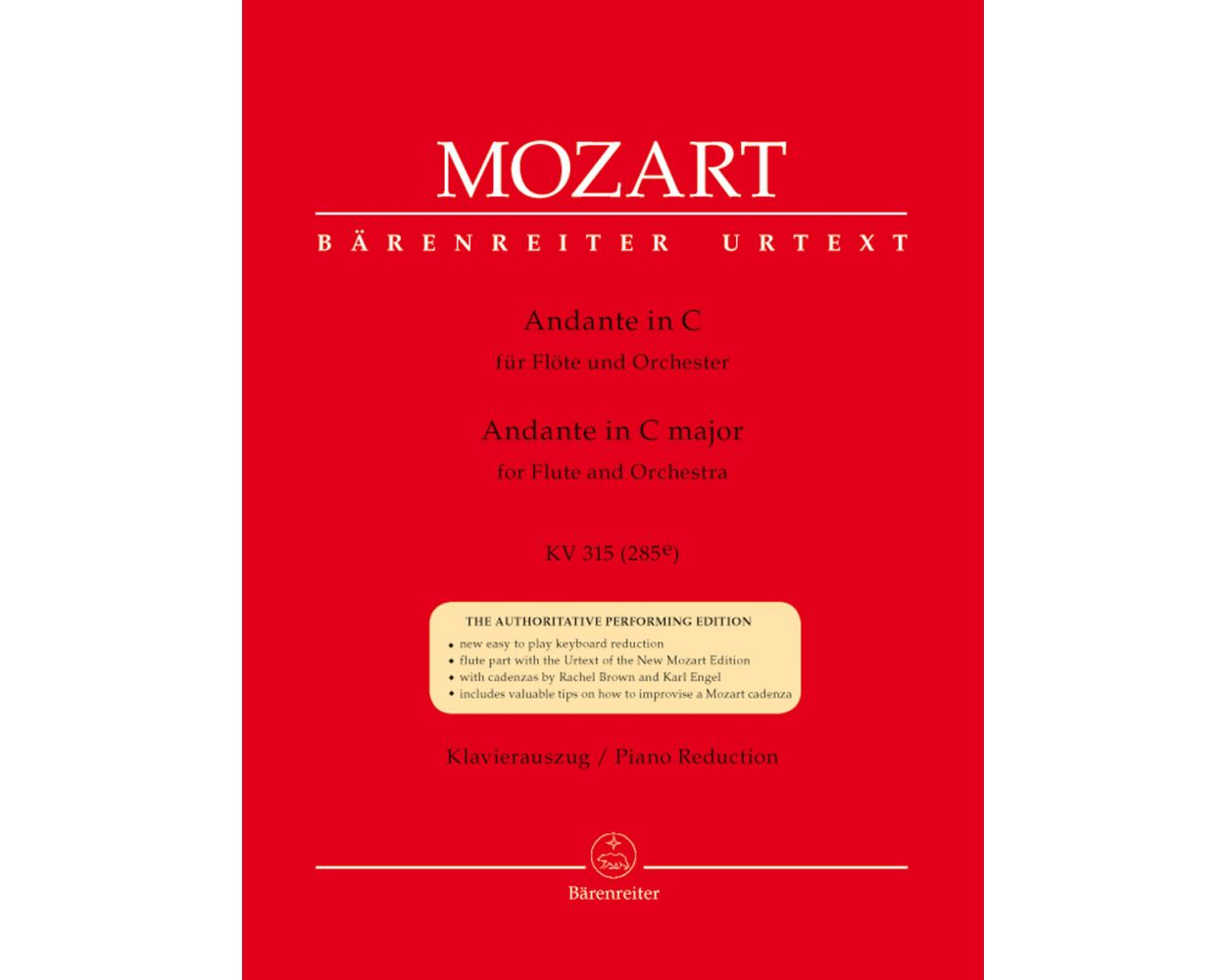 Red cover of sheet music for Andante In C, KV 315 for Flute and Orchestra w/ Piano Reduction Mozart
