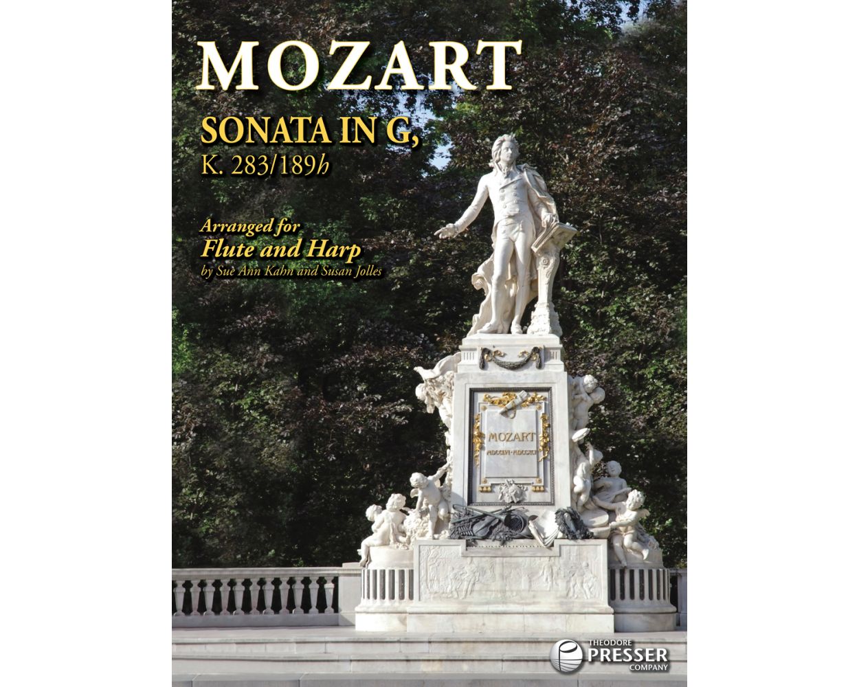 Statue of Mozart on the cover of music for Sonata in G for Flute and Harp