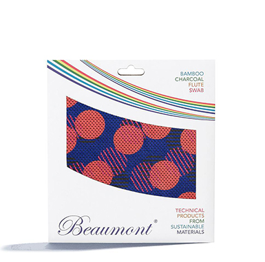 Beaumont flute swab with peach poka dot pattern on a blue background