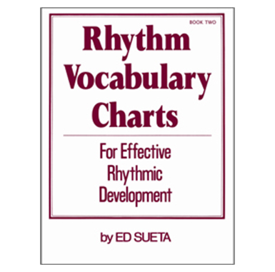 White book with maroon text reading Rhythm Vocabulary Charts for effective rhythmic development