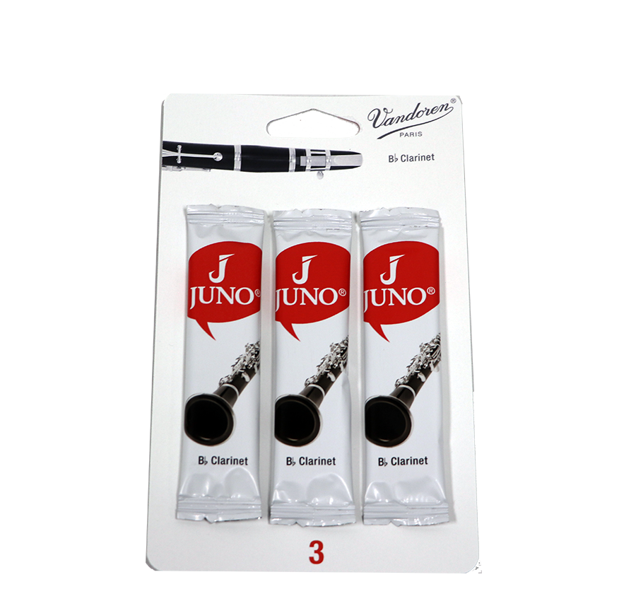 White and red pack of three Juno B flat Clarinet reeds