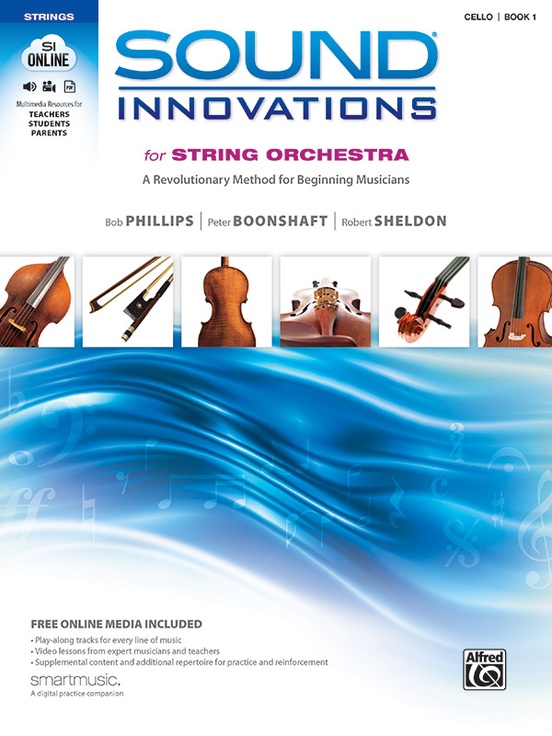 White and blue cover with string instruments for Sound Innovations Book 1 for Cello