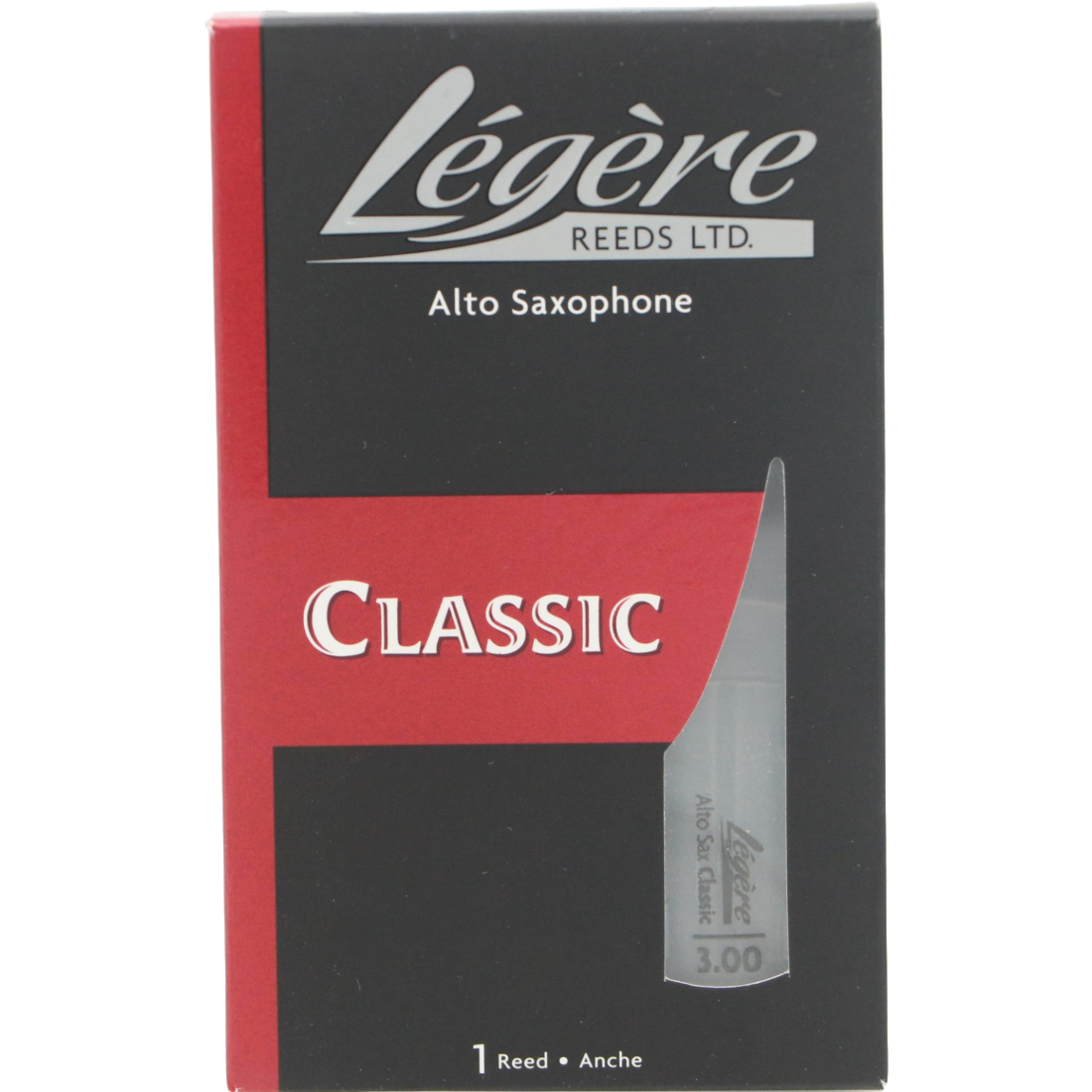 Black and red box with 1 Legere classic Alto Sax reed - Strength of 3