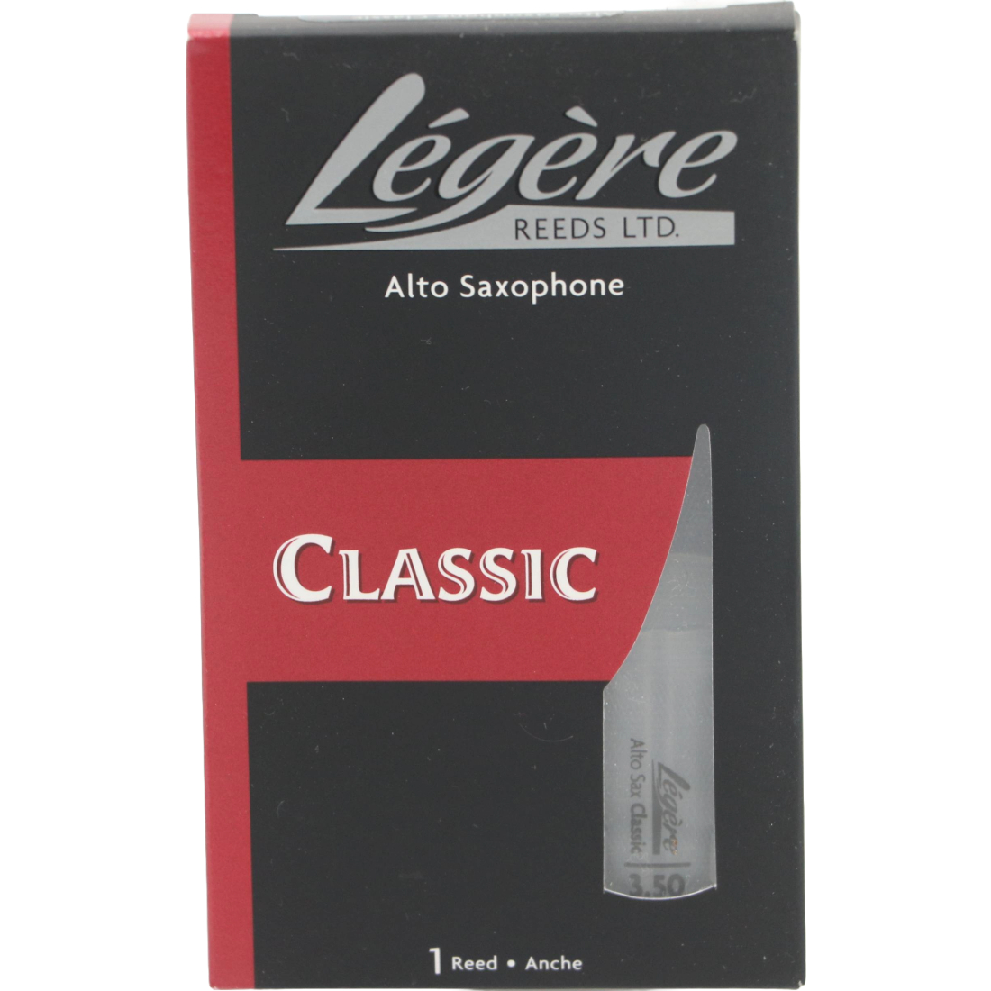 Black and red box with 1 Legere classic Alto Sax reed - Strength of 3.5