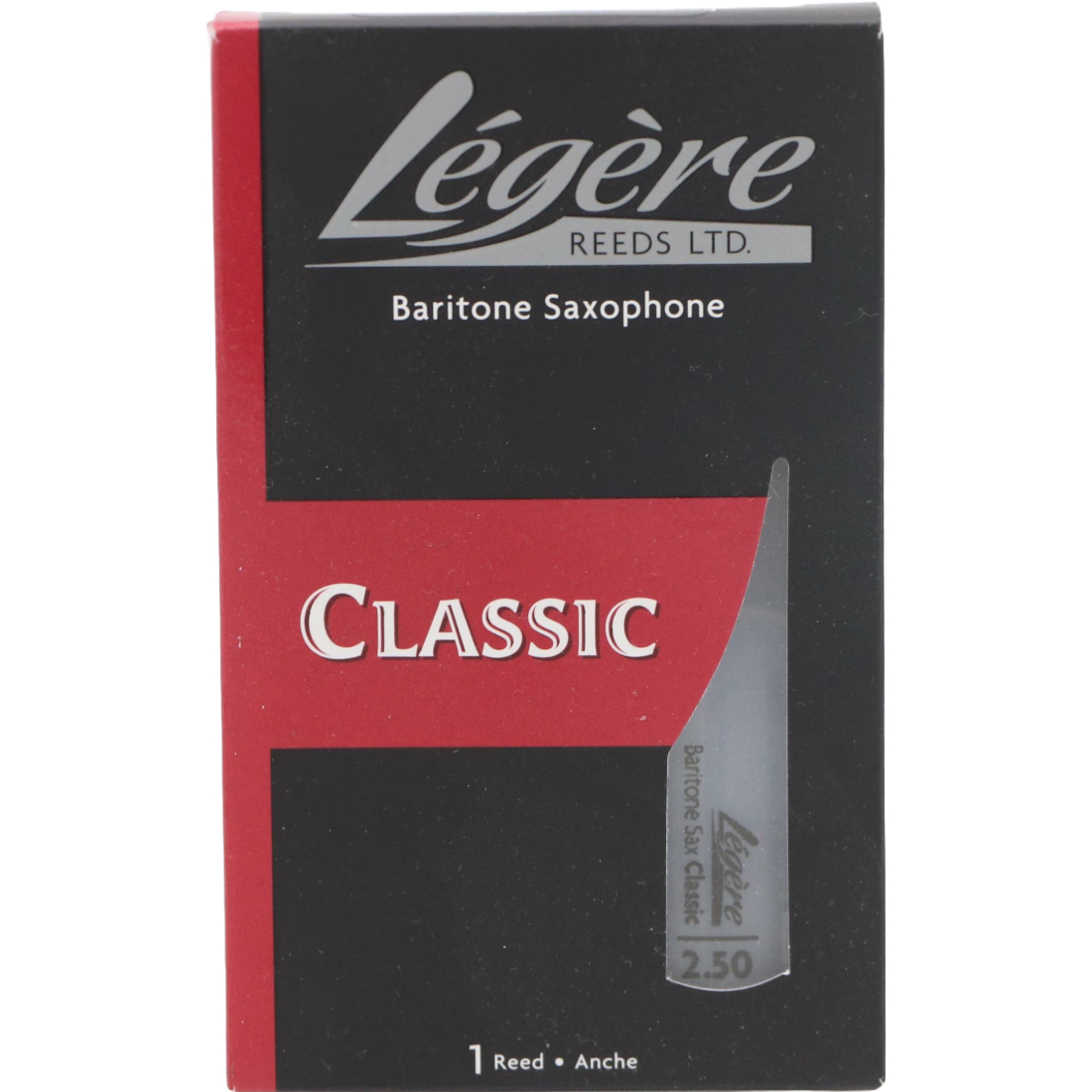 Black and red box with 1 Legere classic Baritone Sax reed - Strength of 2.5