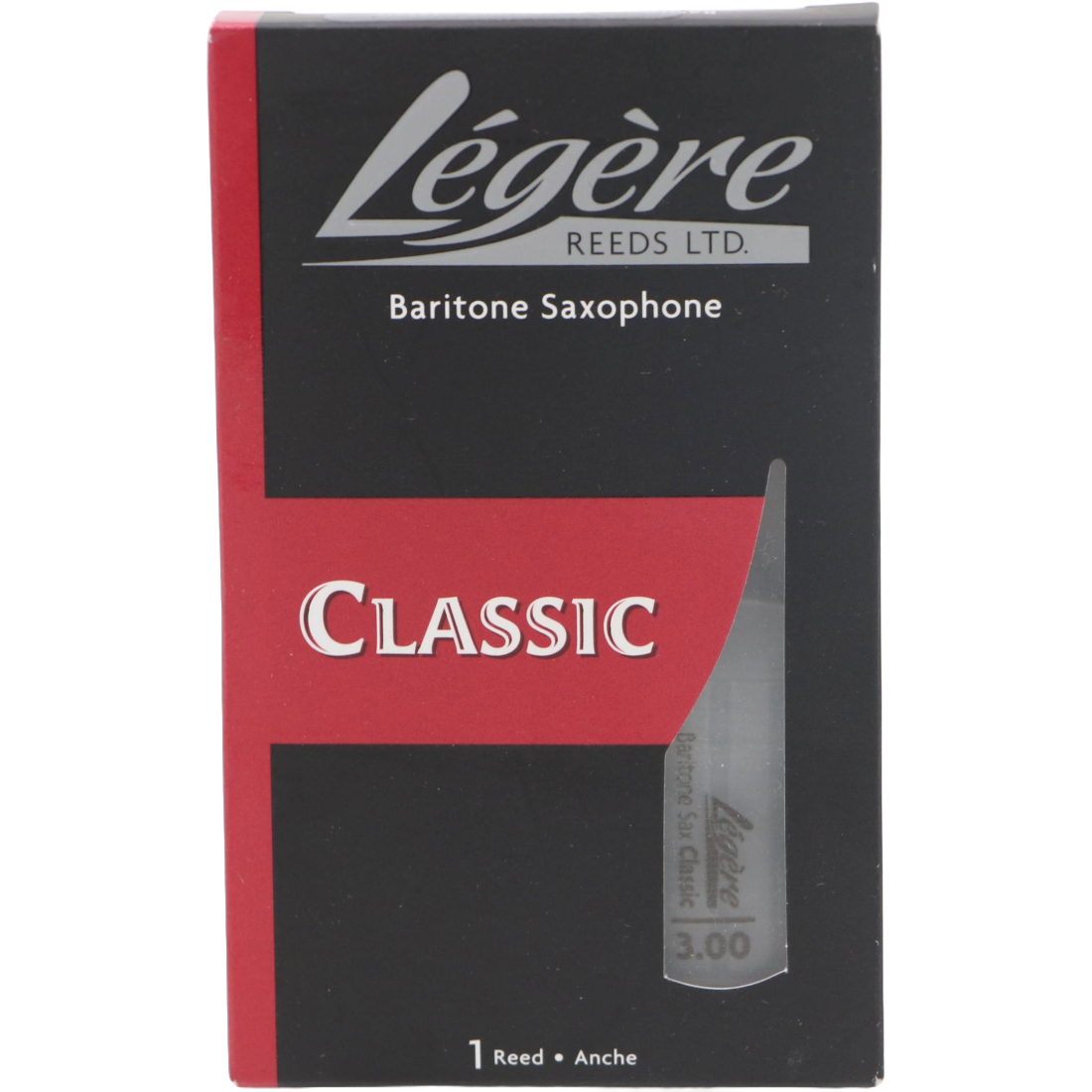 Black and red box with 1 Legere classic Baritone Sax reed - Strength of 3