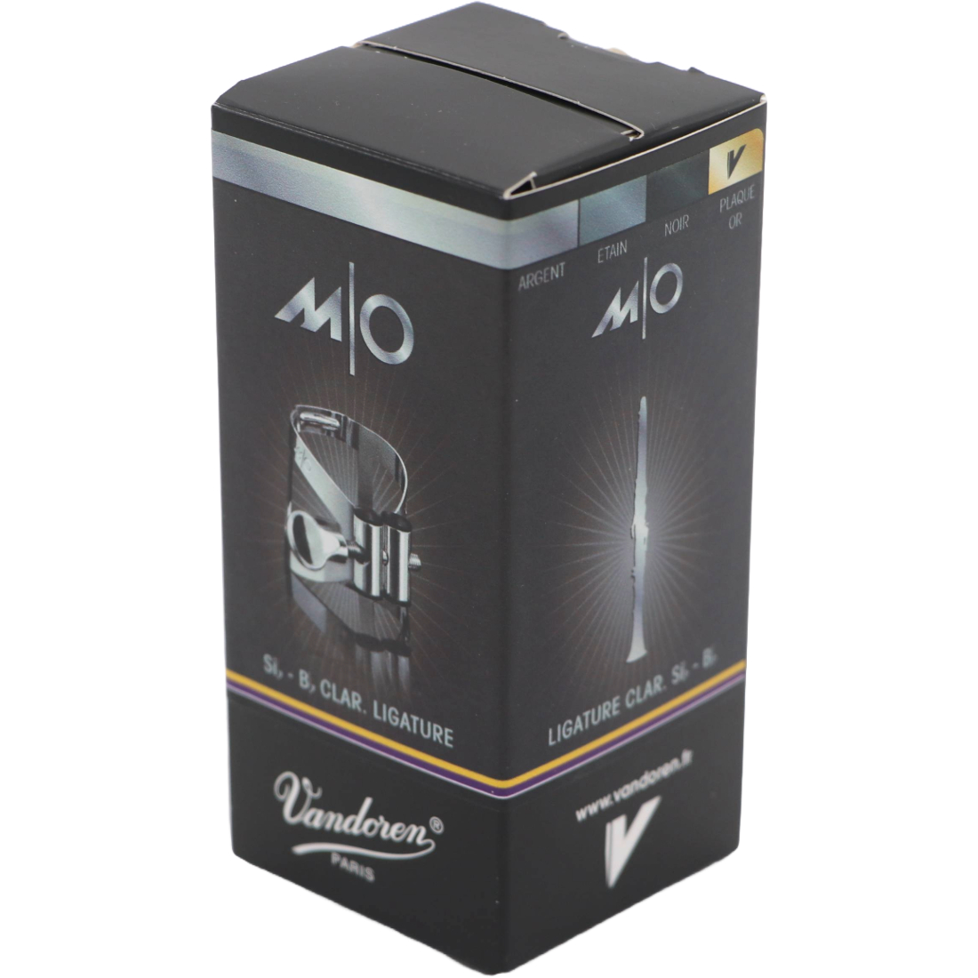 Black and grey box containing a Vandoren M|O B flat Clarinet Ligature