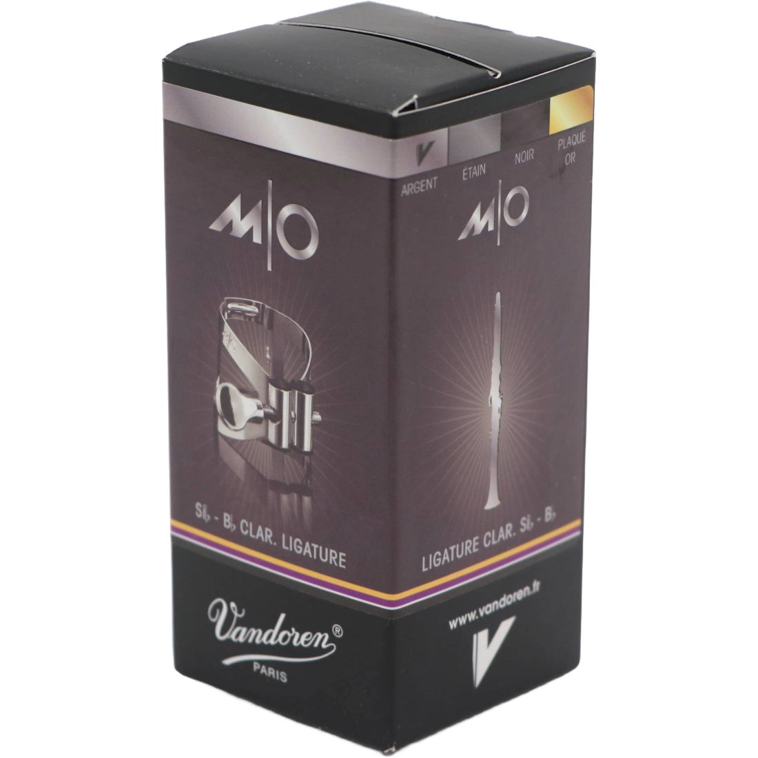 Black and grey box containing a Vandoren M|O B flat Clarinet Ligature
