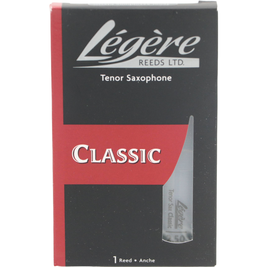 Black and red box with 1 Legere classic Tenor sax reed - Strength of 2.5