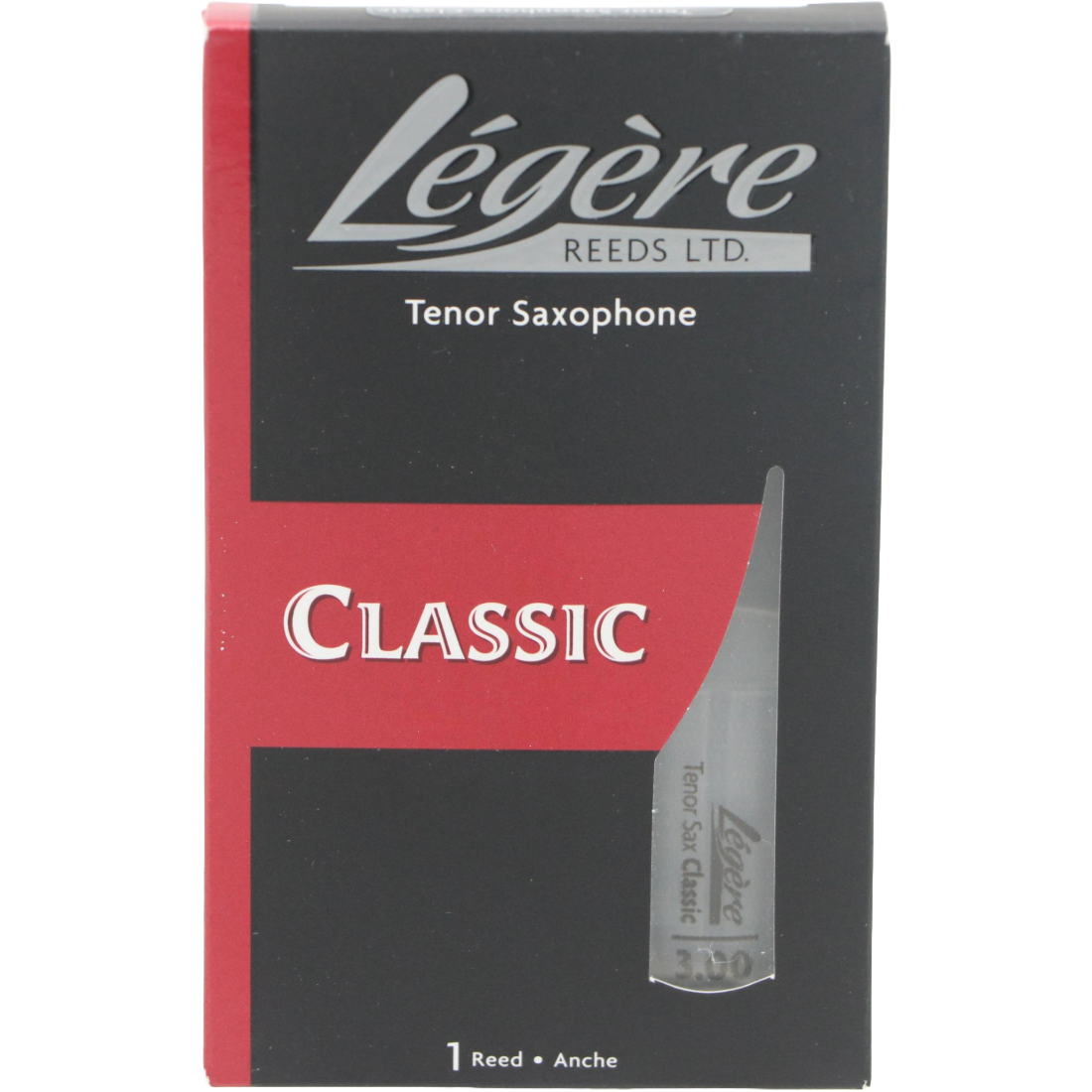 Black and red box with 1 Legere classic Tenor sax reed - Strength of 3