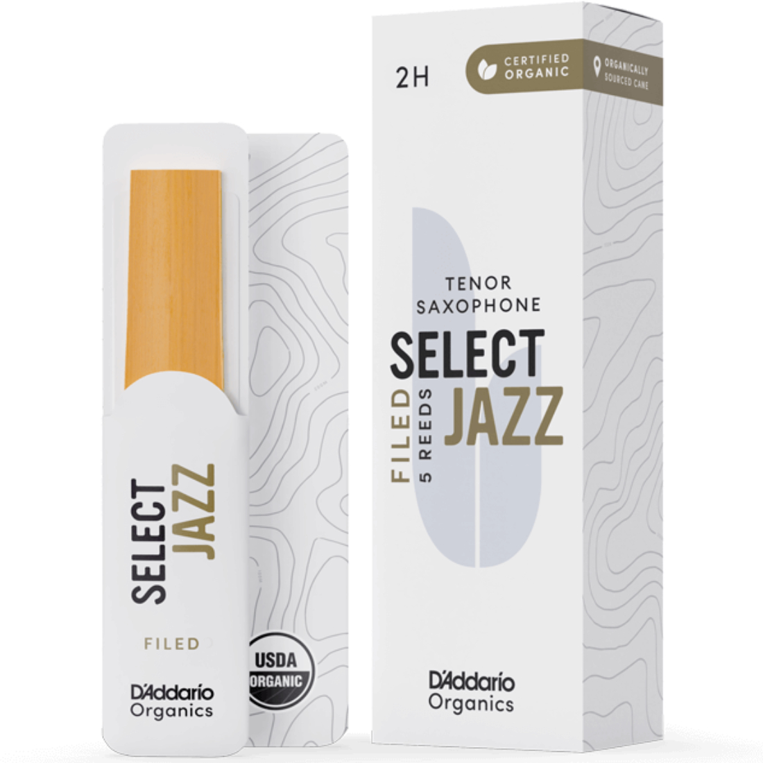 White box of 5 Select Jazz Filed tenor saxophone reeds - strength of 2 hard