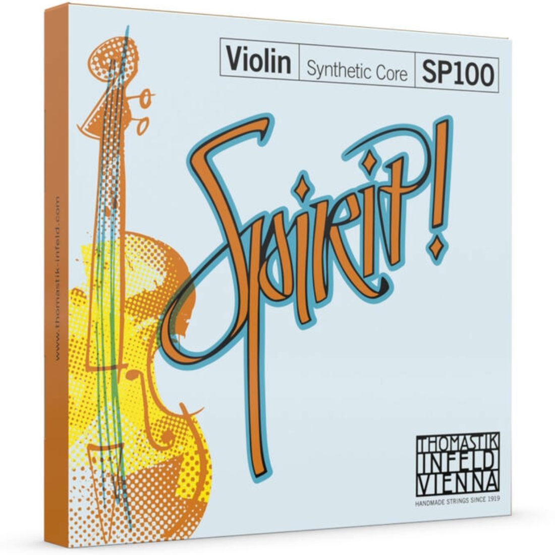 Light blue box of Spirit! full scale medium tension violin strings, full string set