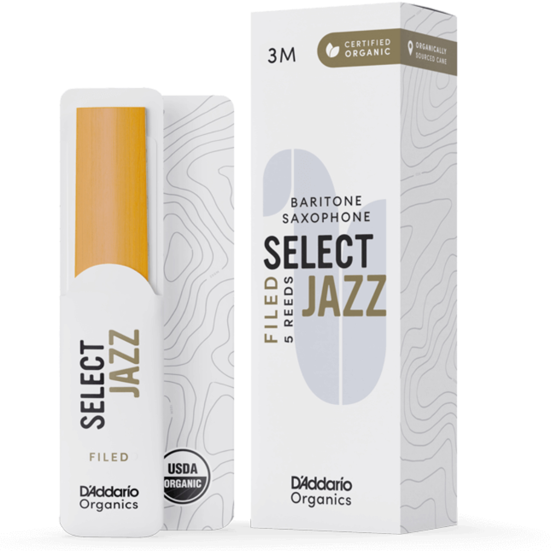 White box of 5 Select Jazz Filed baritone saxophone reeds - strength of 3 medium