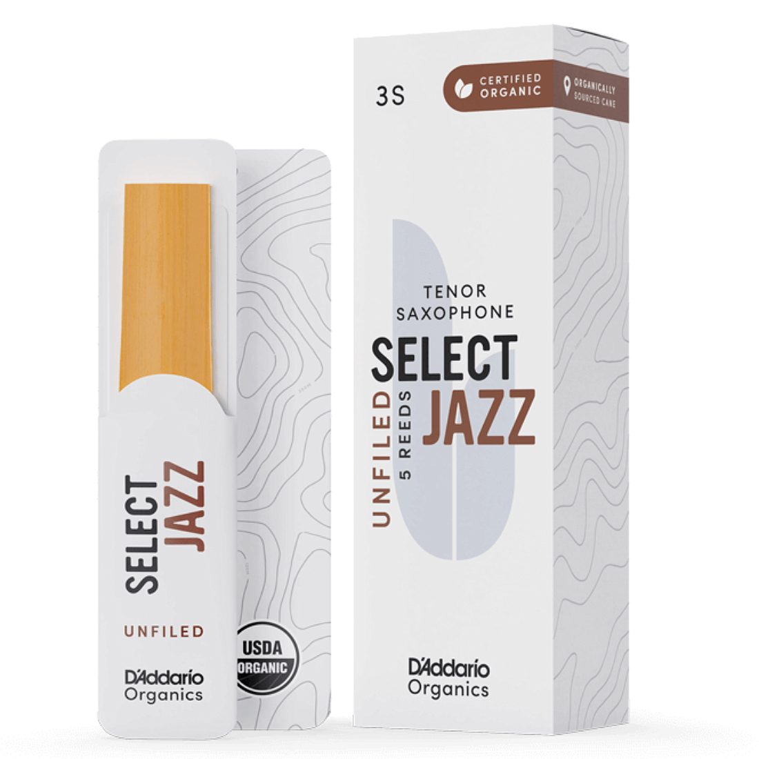 White box of 5 select jazz unfiled tenor saxophone reeds - strength of 3 soft