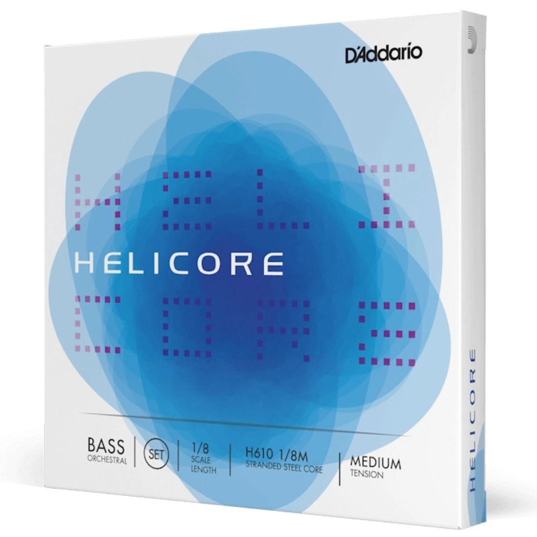 White and blue box of Helicore one eighth scale medium tension double bass strings, single A string