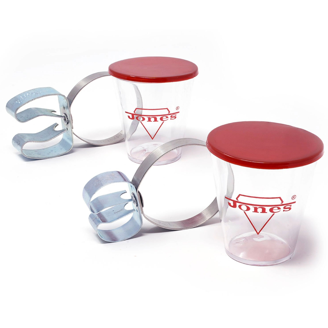 Clear reed soaker cup with a metal clip and red cap