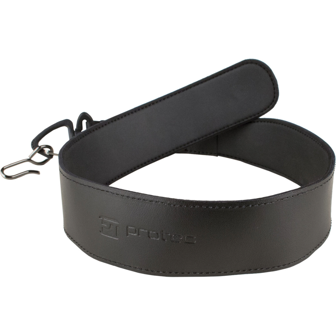Black leather bassoon seat strap with metal hook