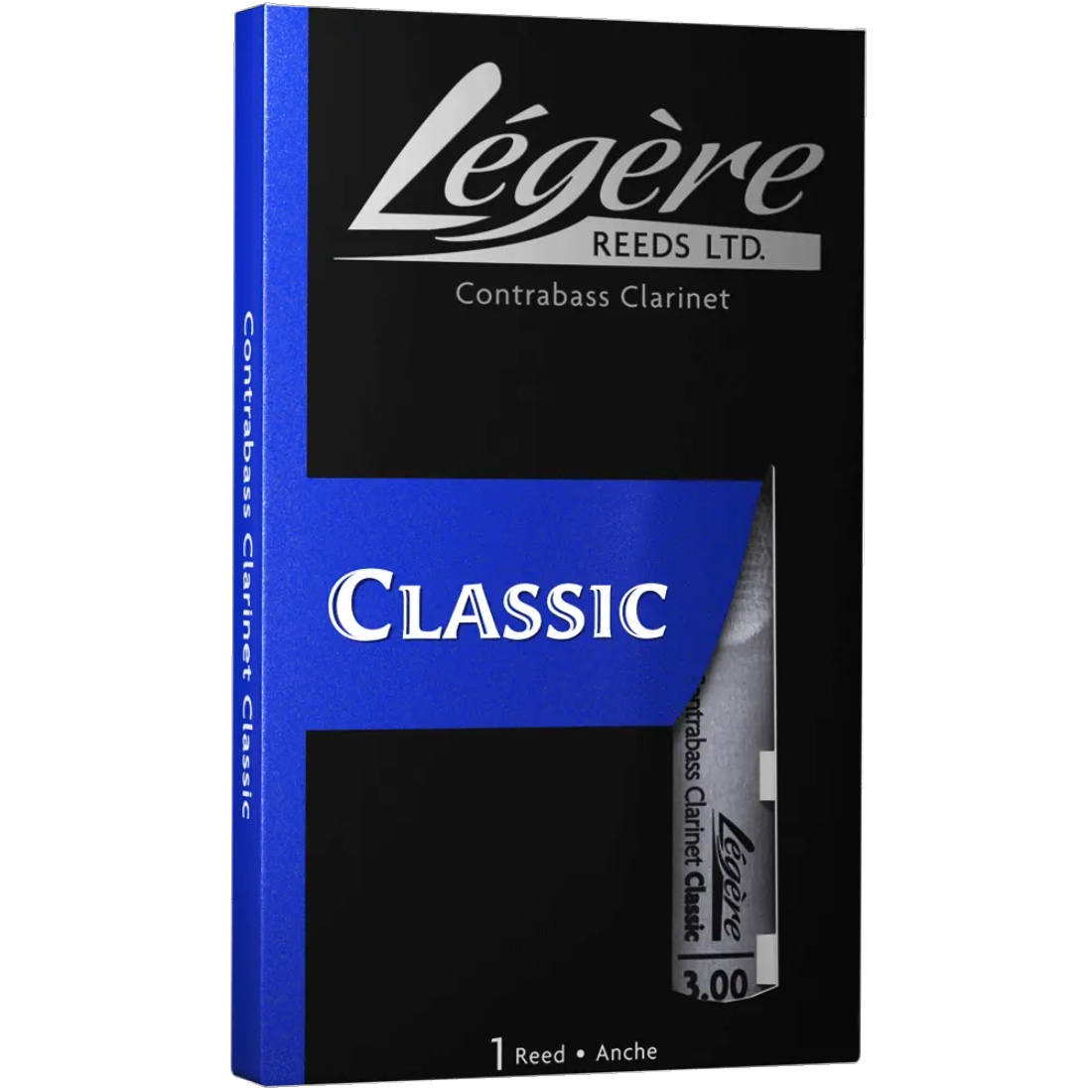 Black and blue box containing one Legere Classic Contra Bass Clarinet reed - Strength of 3
