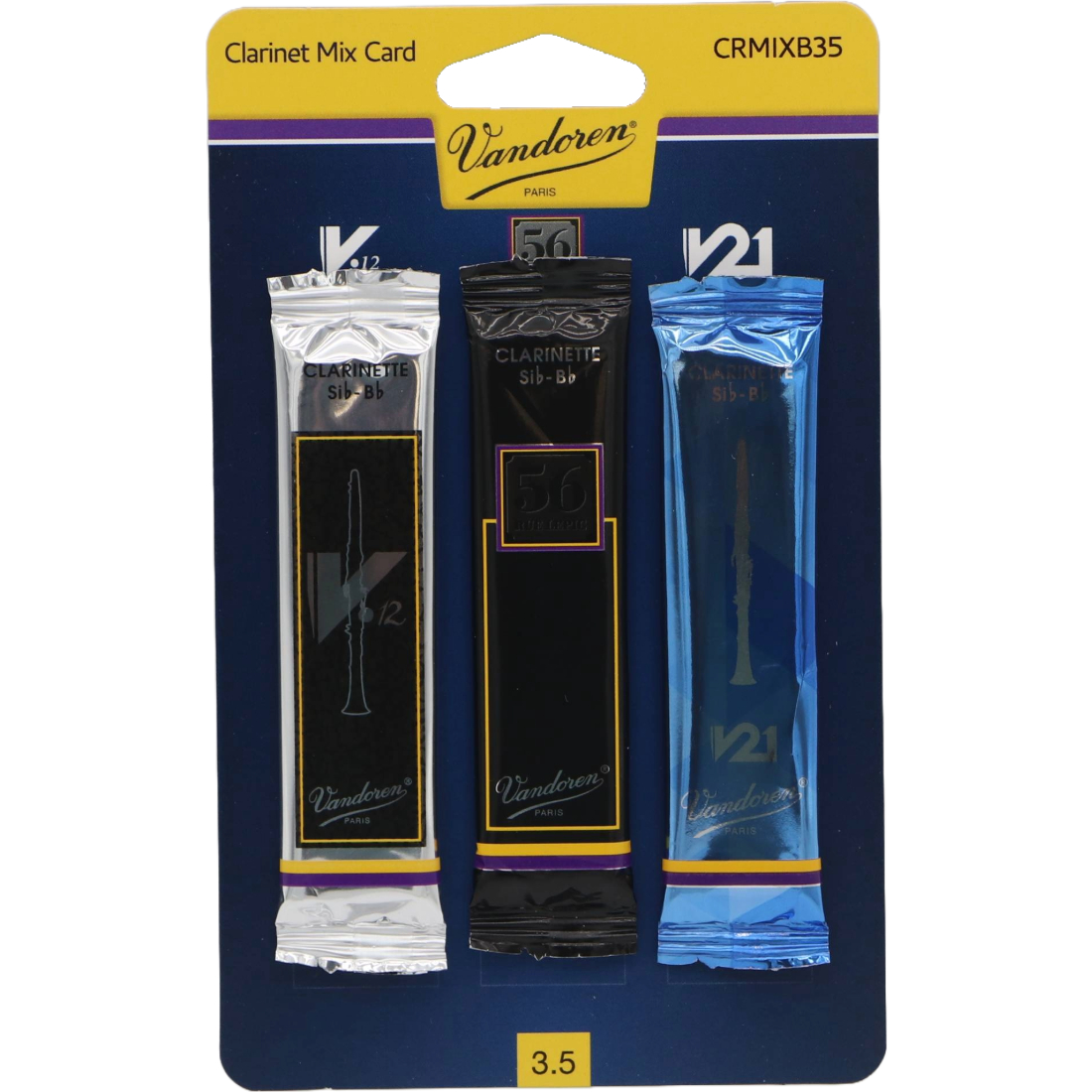 Blue and yellow card of 3 assorted Vandoren reeds - strength of 3.5