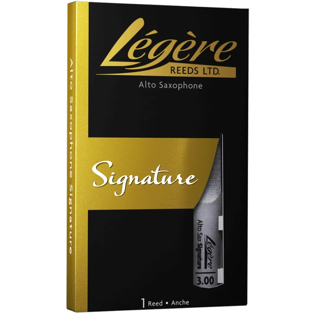 Black and gold box containing one Legere Signature Alto saxophone mouthpiece reed - Strength of 3