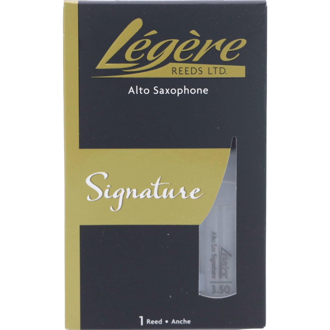 Black and gold box containing one Legere Signature Alto saxophone mouthpiece reed - Strength of 3.5