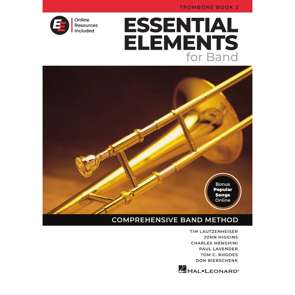 White and red method book titled Essential Elements for Band Book 2 - Trombone