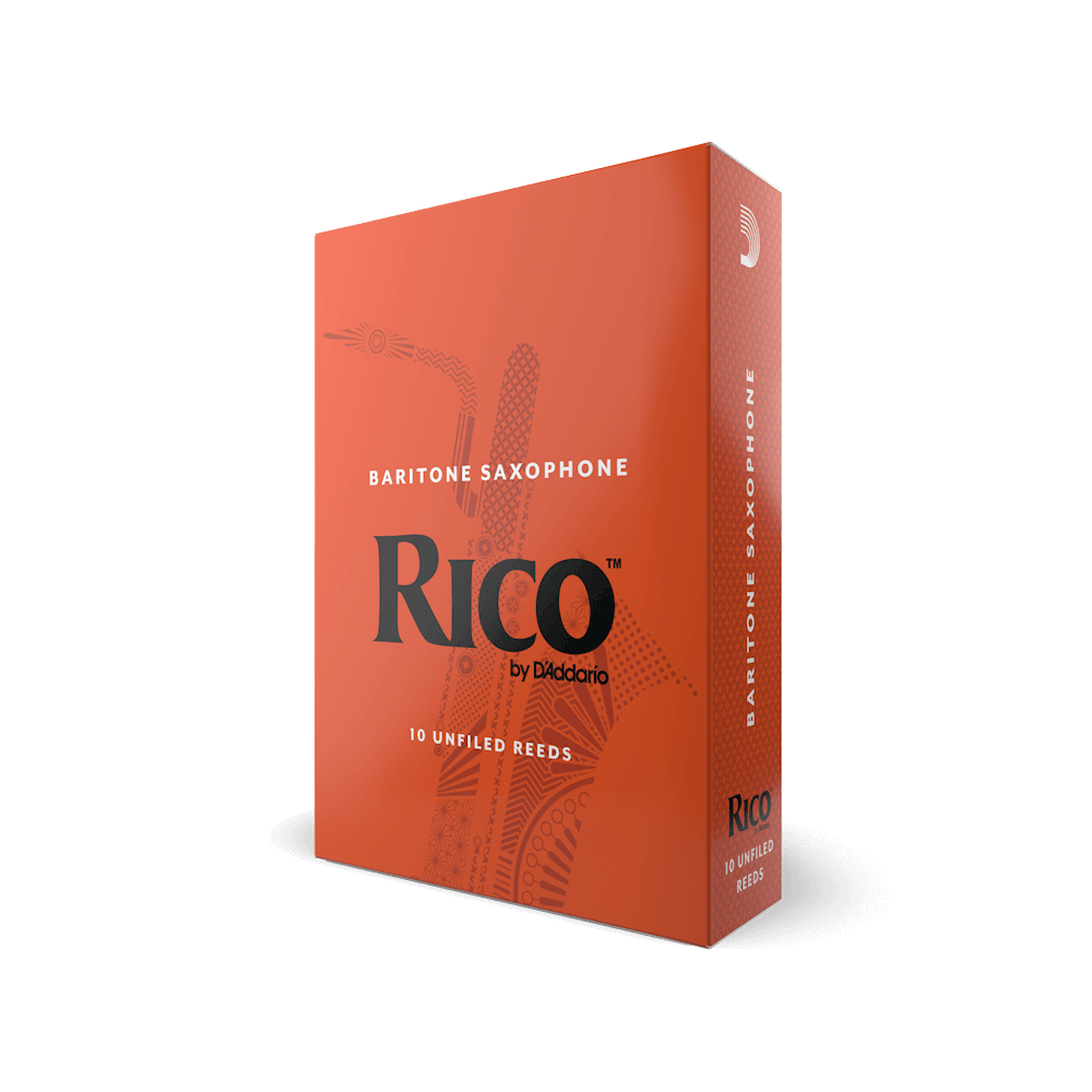 Orange box of ten Rico by D'addario Baritone Saxophone Reeds strength three and a half