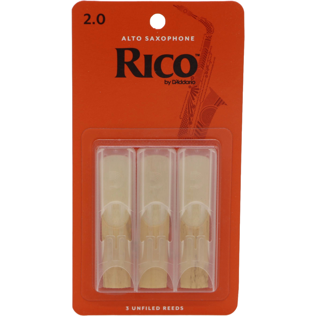 Orange Card of three Rico Alto sax Reeds strength two