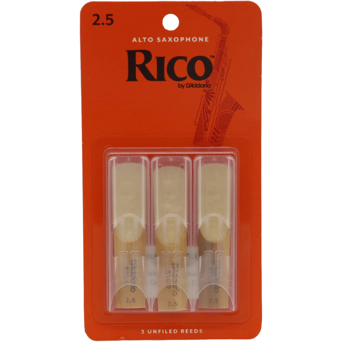Orange Card of three Rico Alto sax Reeds strength two and a half