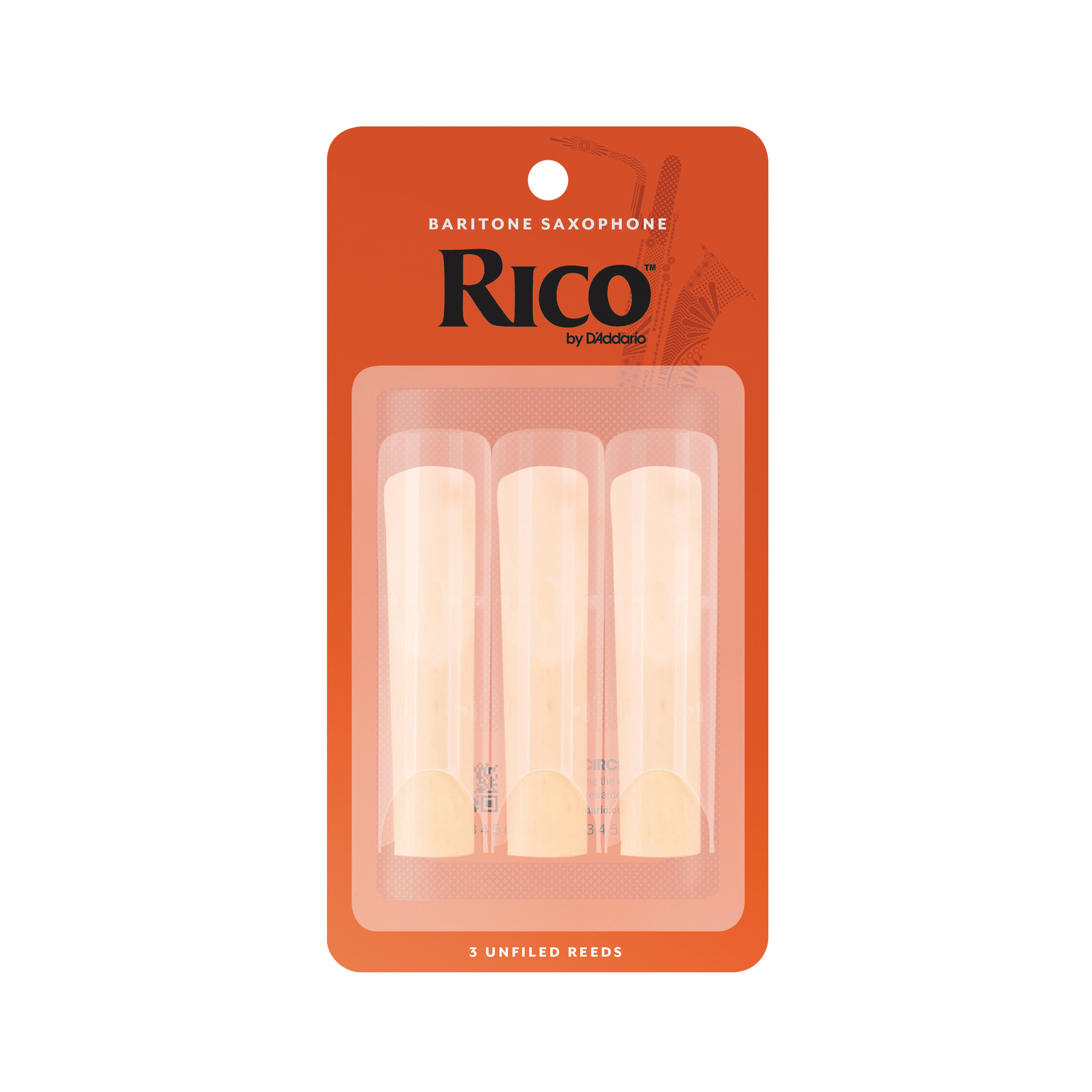 Orange Card of three Rico Baritone Sax Reeds strength two and a half