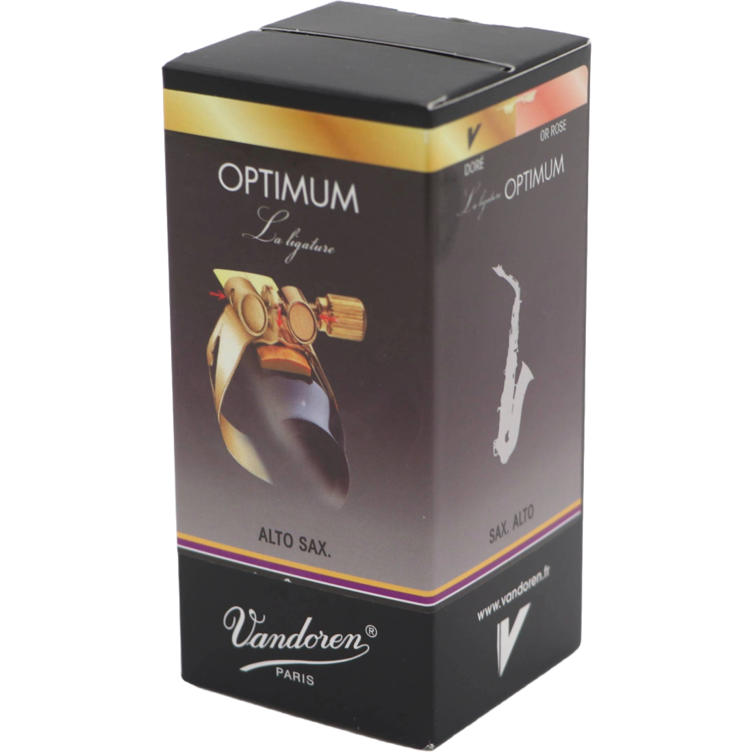 Black and grey box containing a Vandoren Optimum Alto Sax Ligature