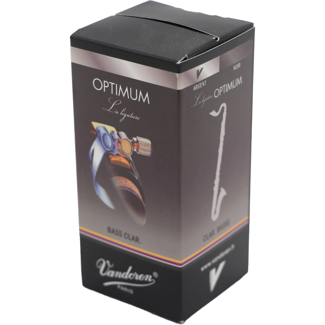 Black and grey box containing a Vandoren Optimum Bass Clarinet Ligature
