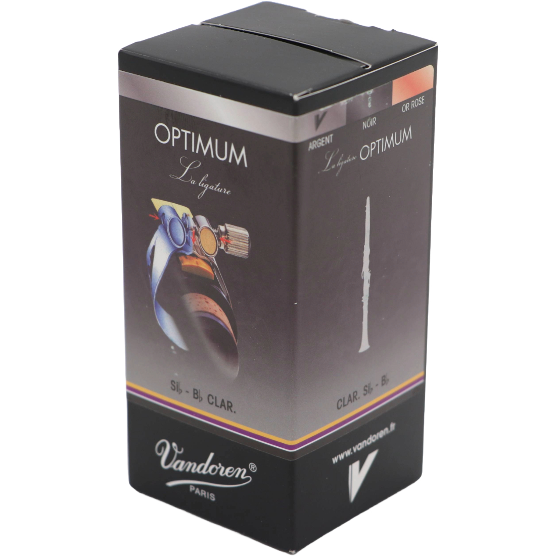 Black and grey box containing a Vandoren Optimum B flat Clarinet Ligature