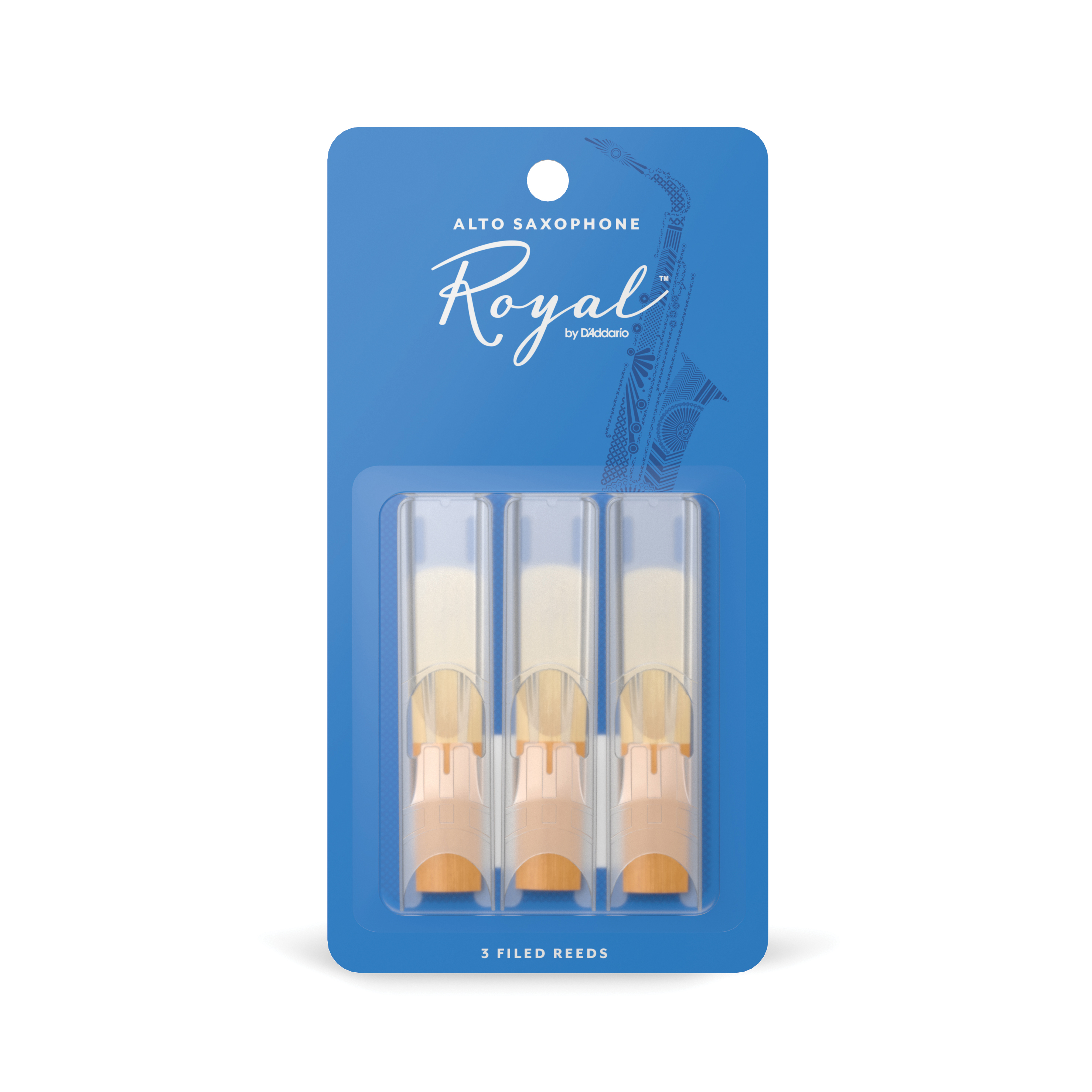 Blue card of three Royal by D'addario Alto Sax Reeds strength three