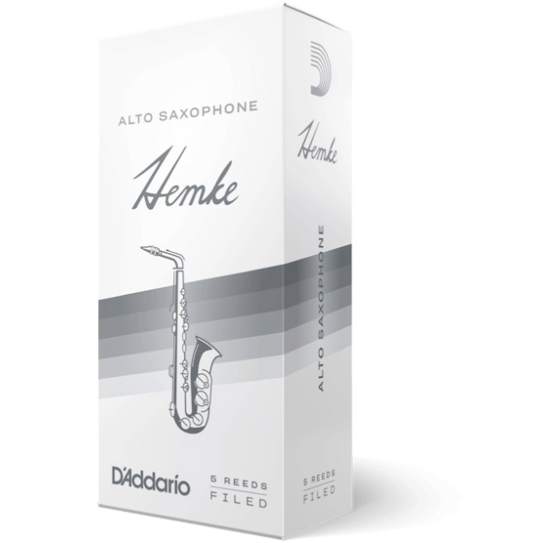 White and grey box of 5 Hemke alto saxophone reeds - strength of 2.5