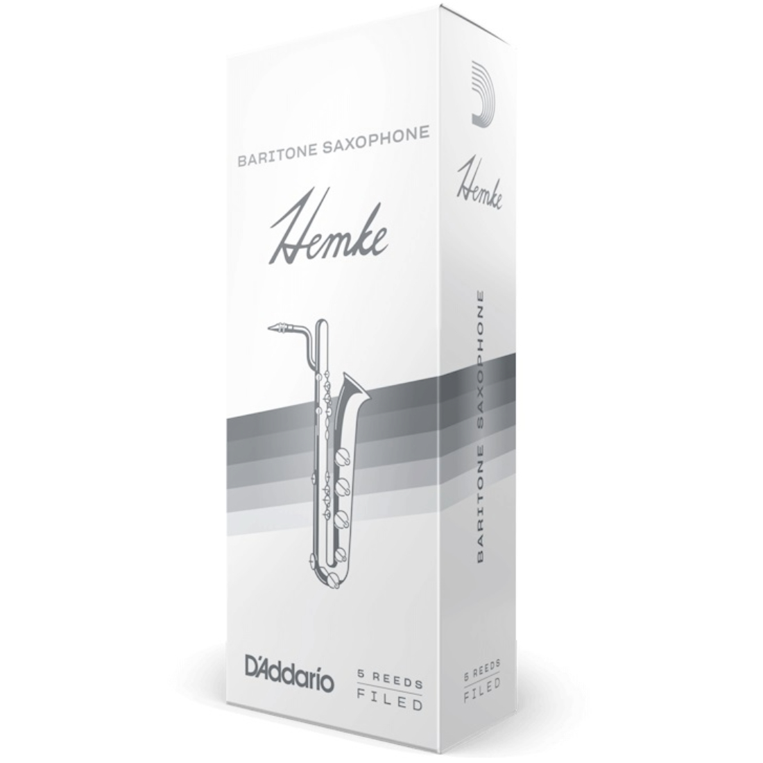 White and grey box of 5 Hemke baritone saxophone reeds - strength of 3