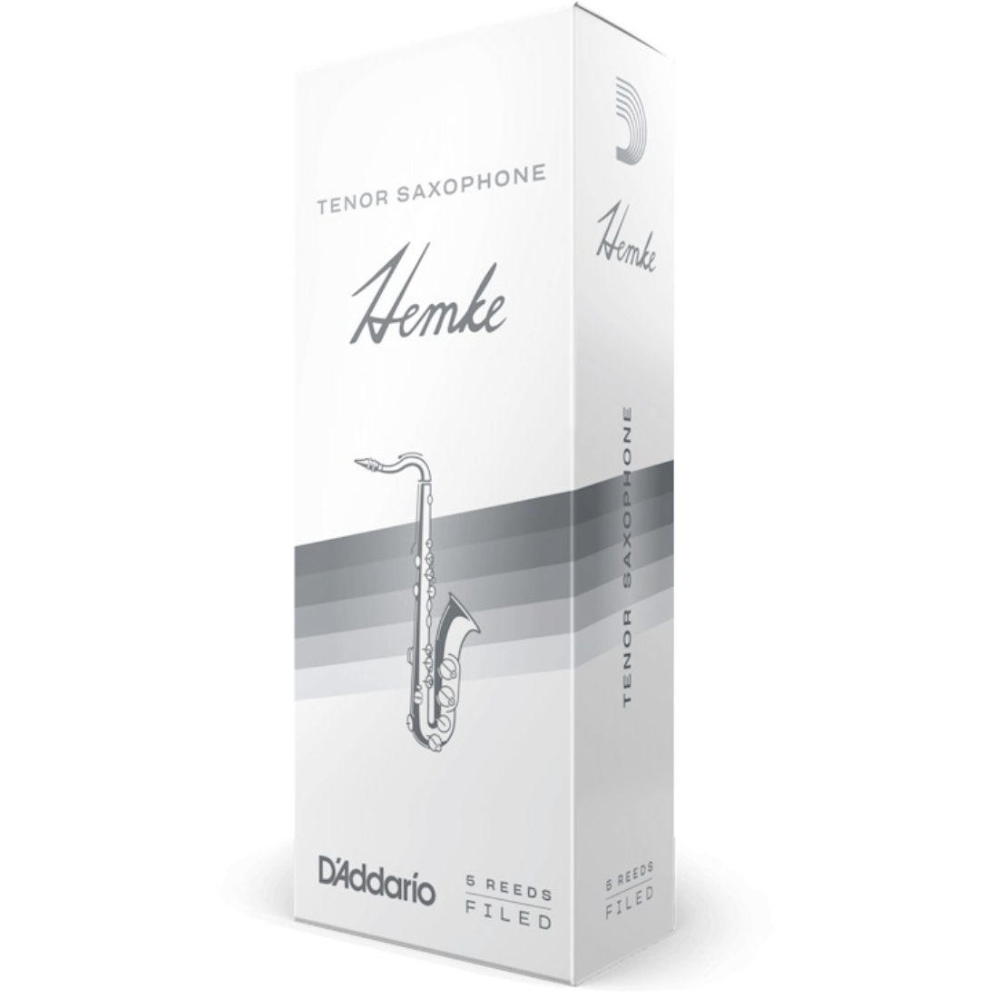 White and grey box of 5 Hemke tenor saxophone reeds - strength of 2.5