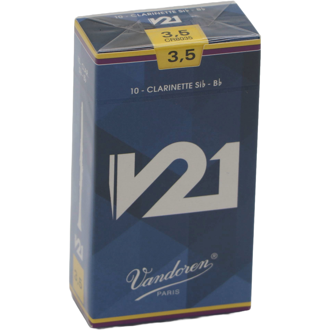 Blue box of 10 Vandoren V21 B flat clarinet reeds - strength of 3.5