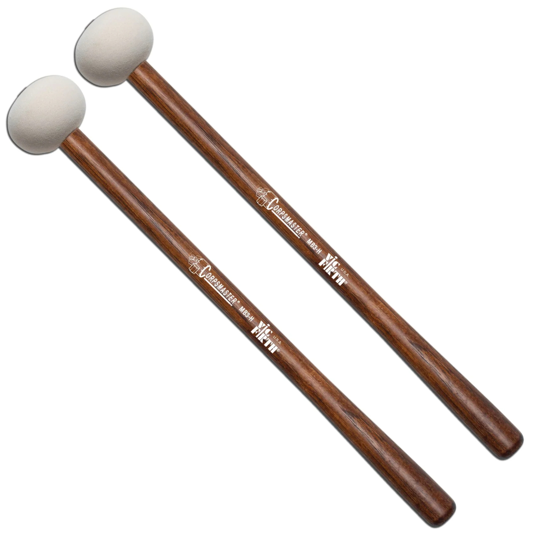 Dark brown Vic Firth marching bass drum mallets with white heads