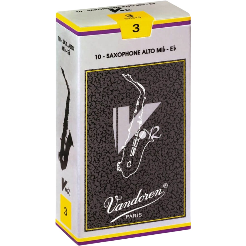 Grey box of 10 Vandoren V12 Alto Saxophone Reeds - Strength of 3