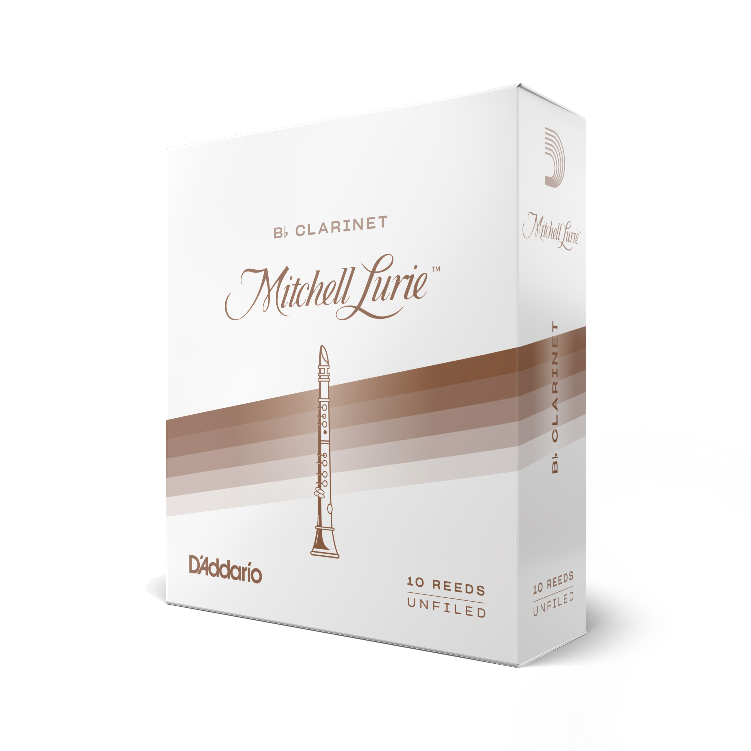 White with brown box of ten Mitchell Lurie B Flat Clarinet reeds, strength three and a half