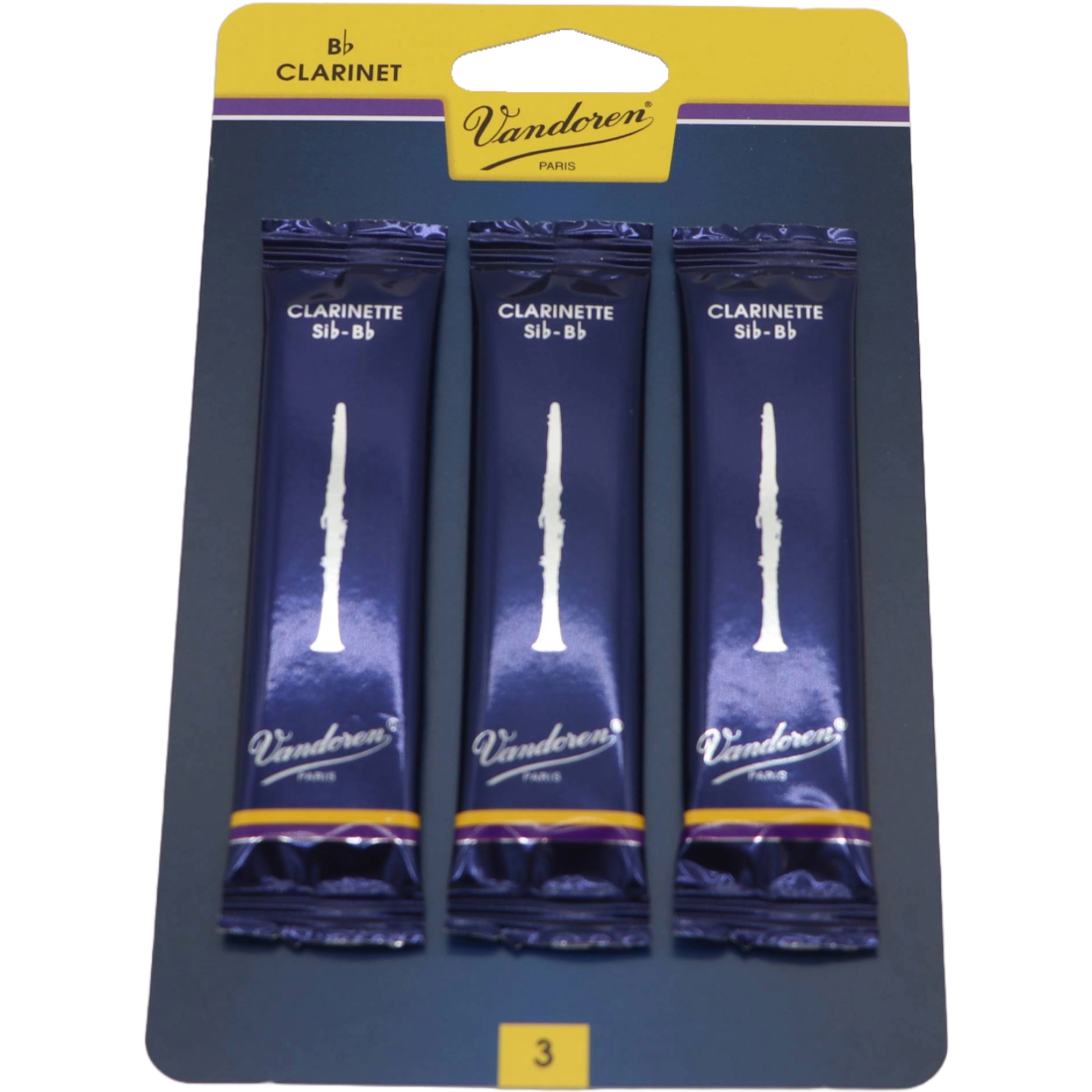 Blue and yellow card with 3 Vandoren Clarinet Reeds - Strength of 3