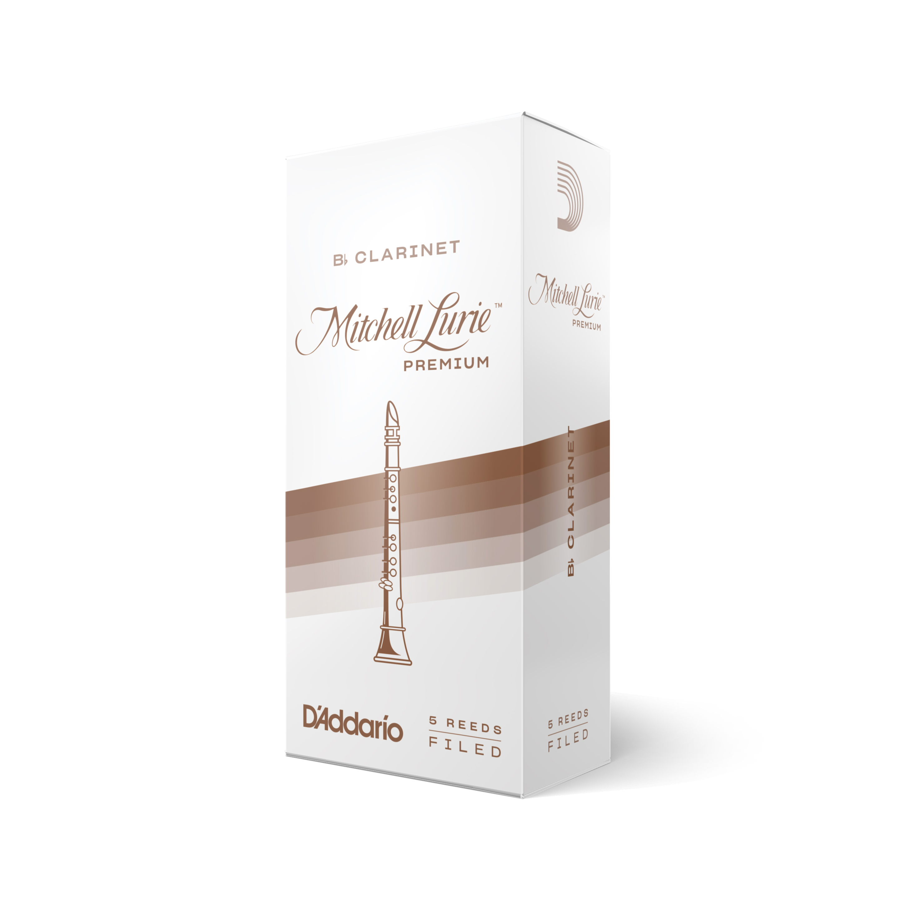 White with Brown box of five Mitchell Lurie Premium B Flat clarinet reeds, strength two and a half