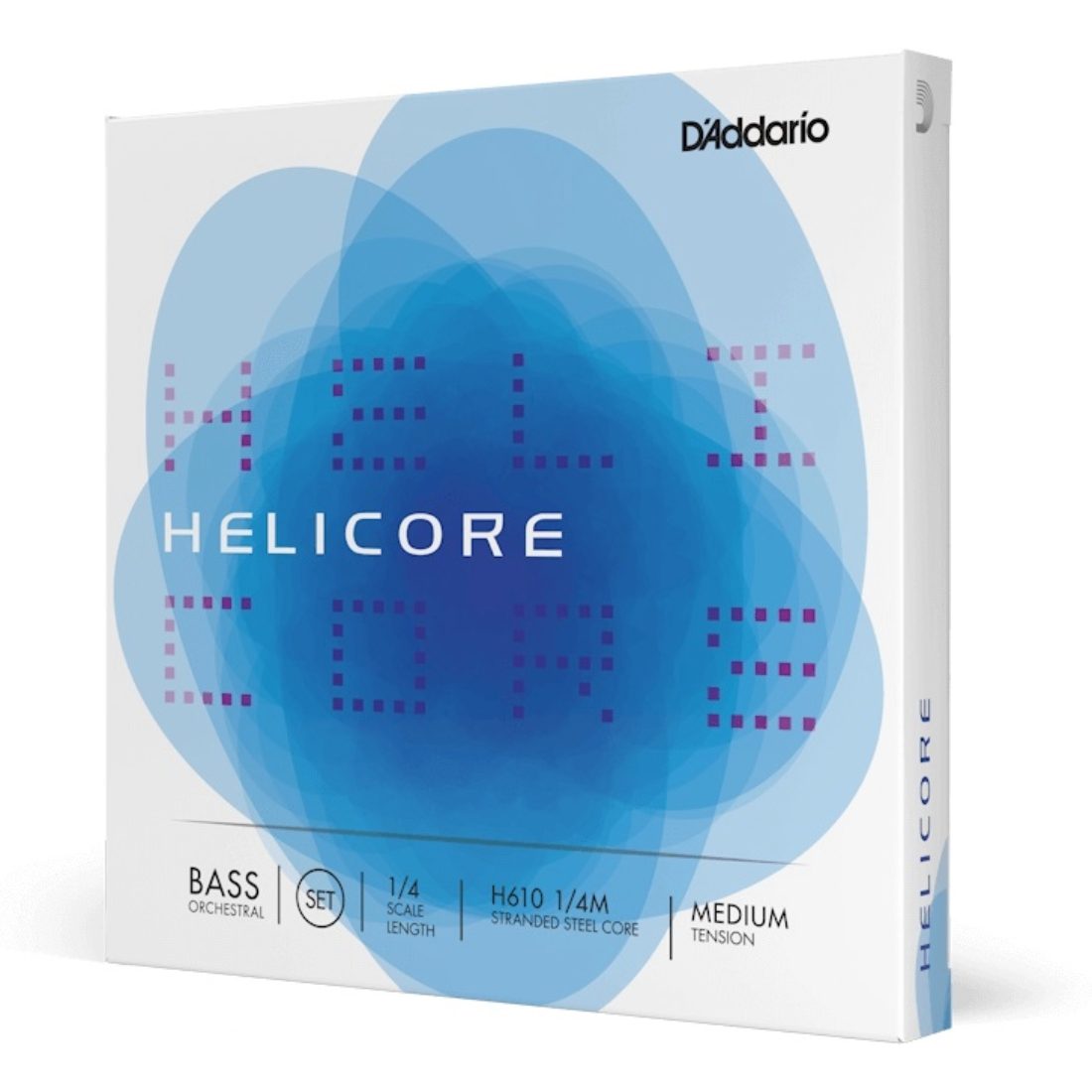 White and blue box of Helicore one fourth scale medium tension, full string set