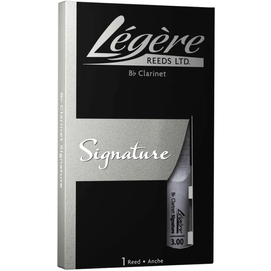 Black and silver box containing one Legere Signature B flat Clarinet mouthpiece reed - Strength of 3
