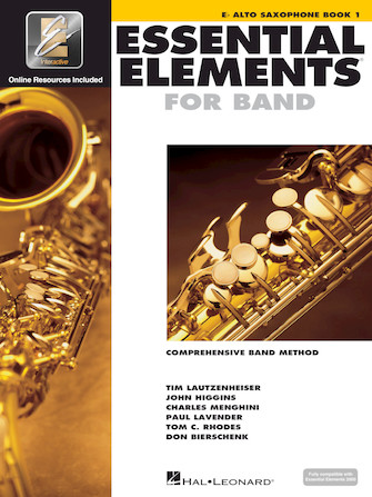 White cover with images of saxophone for Essential Elements Interactive Book 1 for Alto Saxophone